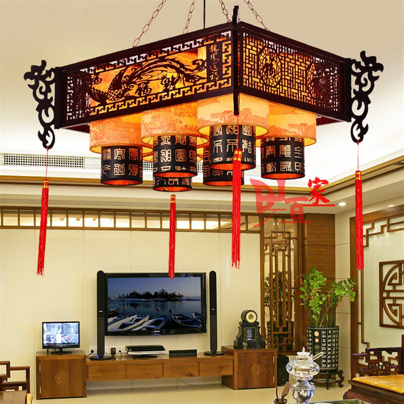 中式龙凤吊灯仿古木艺LED客厅复古灯具茶楼饭店吊灯