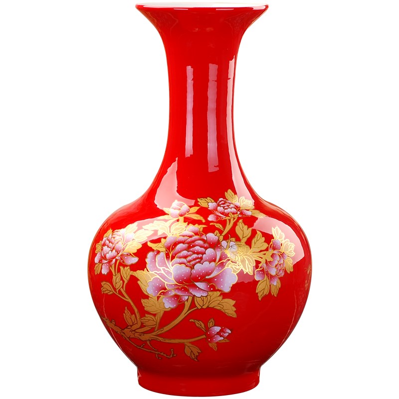 景德镇陶瓷落地花瓶 时尚中国红牡丹花瓶家居客厅书房家饰摆件