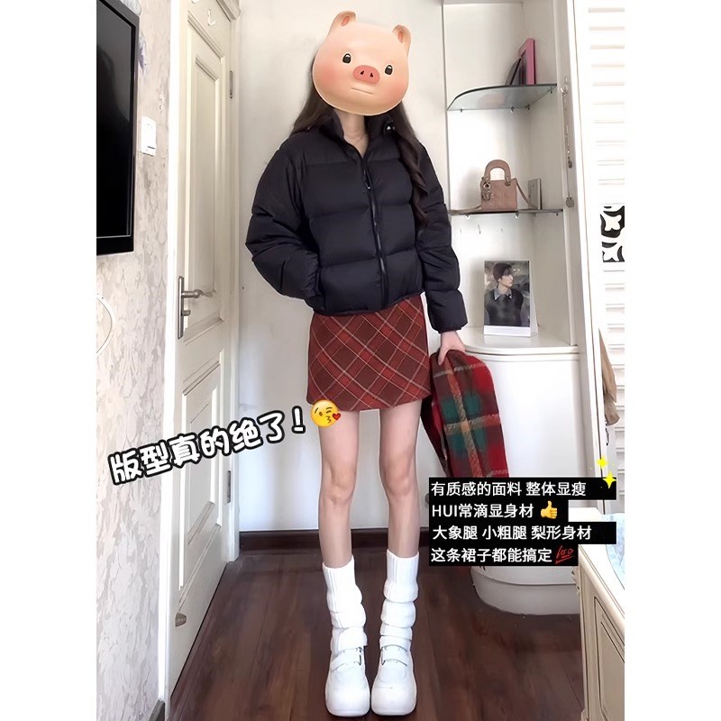 红色格子裙女秋冬2025新款小个子加绒毛呢a字高腰显瘦半身包臀裙