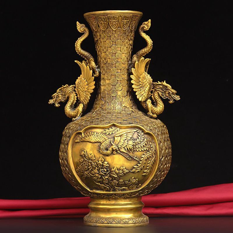 纯铜龙凤仙鹤花瓶一对黄铜干花瓶工艺品家居办公室吧台装饰摆件