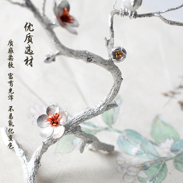 日式创意喜上眉梢纯锡香插梅花手工锡制线香盘香托居室饰品包邮