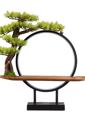 灯圈实木底座中式家居摆件客厅办公室玄关书房铁艺风化木装饰展台