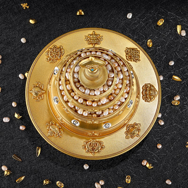 喇荣学院加厚八吉祥纯铜曼扎盘曼茶盘供修盘12cm中号藏族特色供具