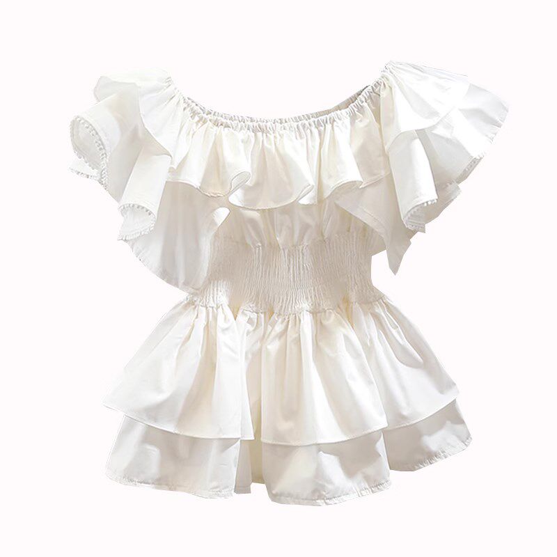 时尚褶皱甜美荷叶边拼接一字领收腰显瘦套头衬衫女洋气百搭上衣潮