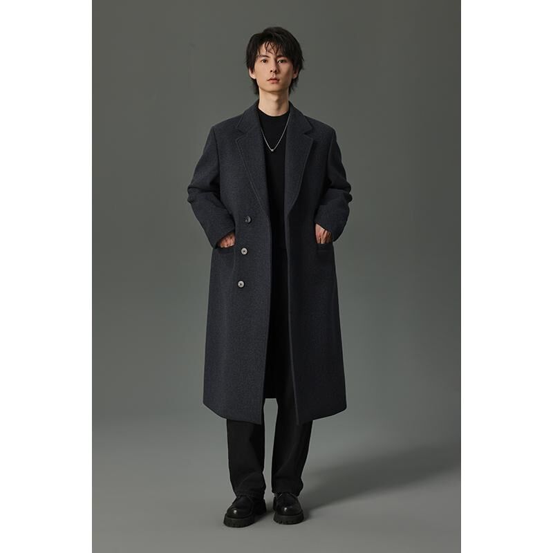 w2x秋冬季加厚平驳领垫肩一字袋装饰长款羊毛呢大衣男中长款外套