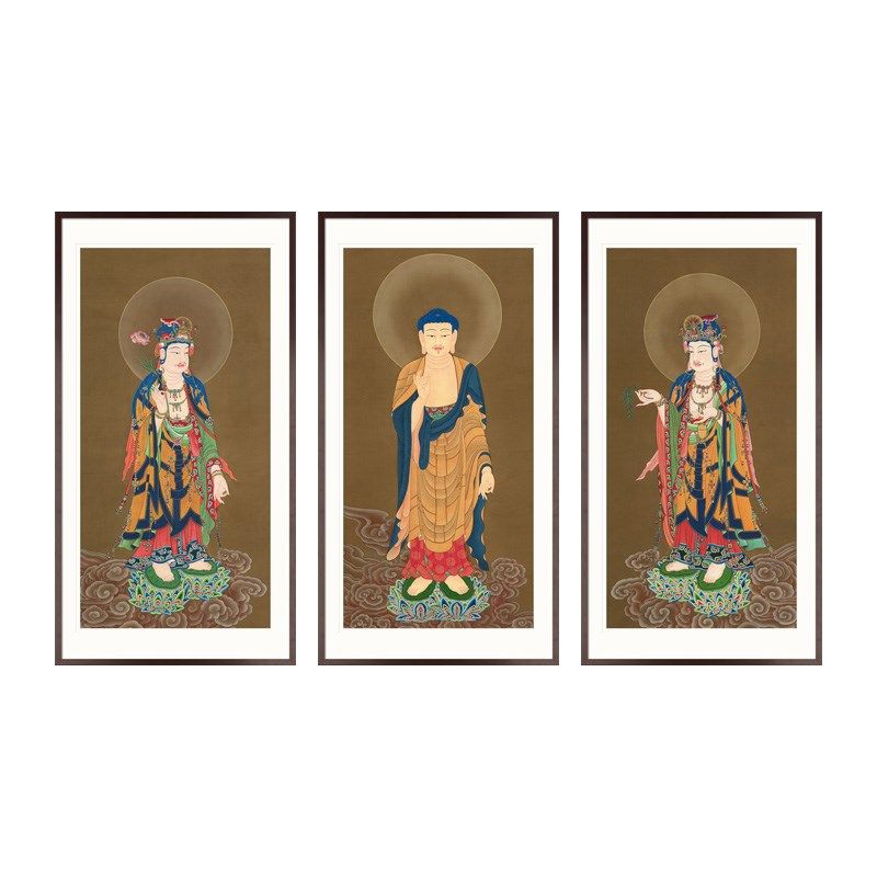 工笔人物菩萨国画西方三圣阿弥陀佛画像玄关书房中式画轴挂画卷轴
