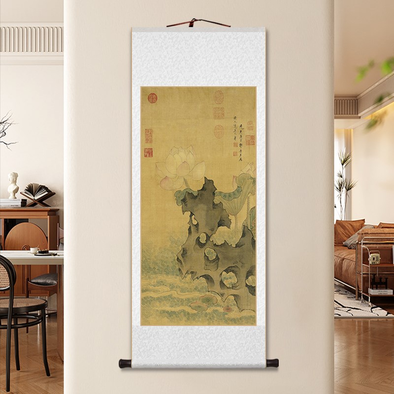 陈洪绶梅花山鸟图卷轴挂画新中式花鸟装饰画客厅书房茶室玄关壁画