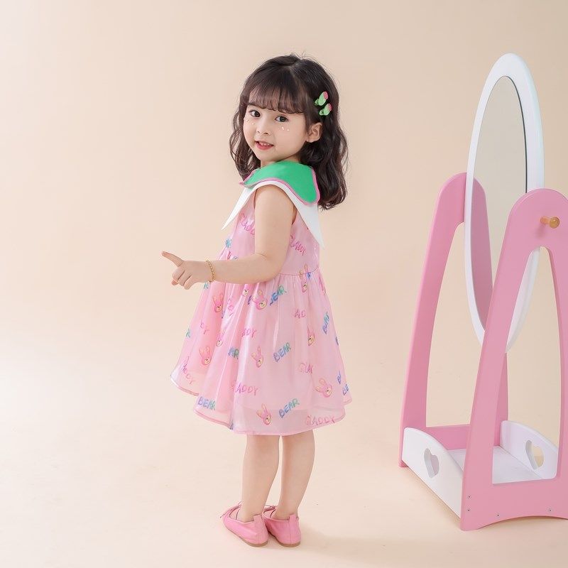女童粉色满印翻领连衣裙夏季2025新款儿童洋气甜美女宝宝无袖裙子