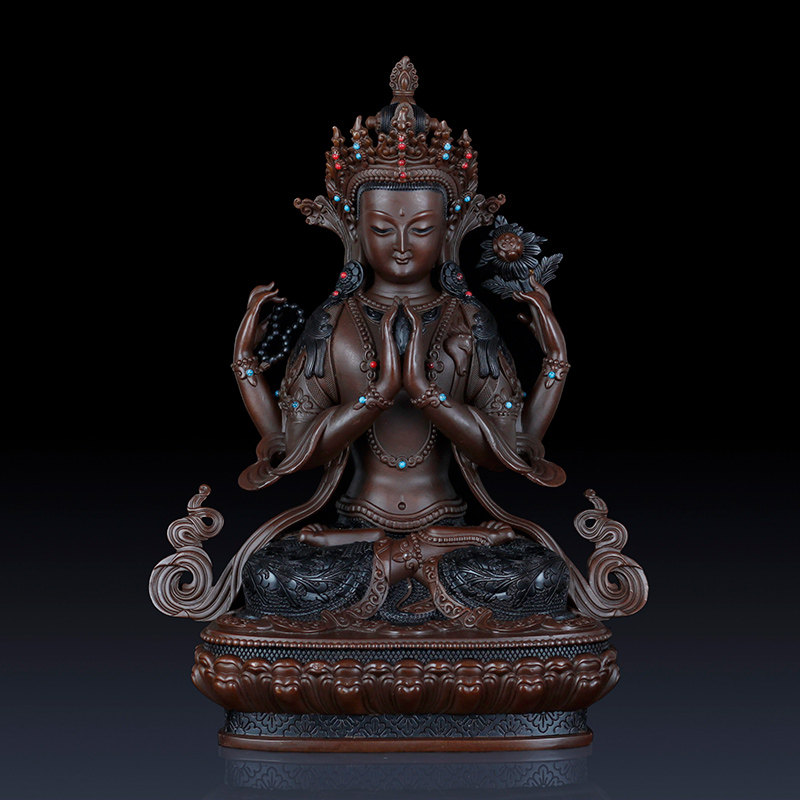 纯黄铜四壁观音摆件四臂观音佛像工艺品铜观音佛像家居观音装饰品