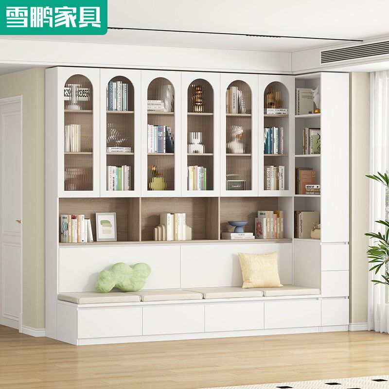 去客厅化卡座沙发书架一体整墙到顶组合带玻璃门落地展示柜6F61-1