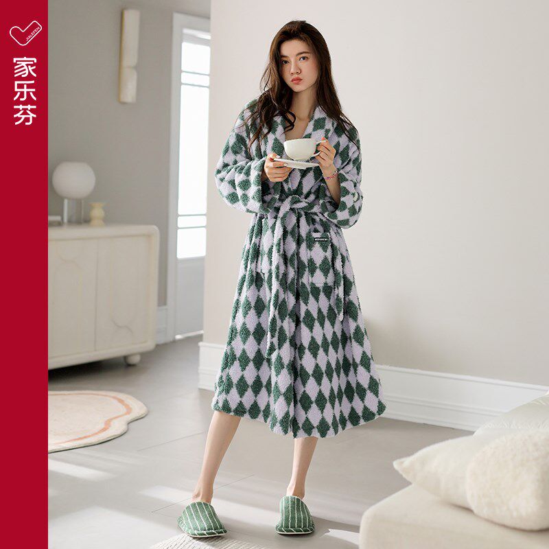 家乐芬睡袍女睡衣秋冬季冬天珊瑚绒加绒加厚法兰绒浴袍大码中长款
