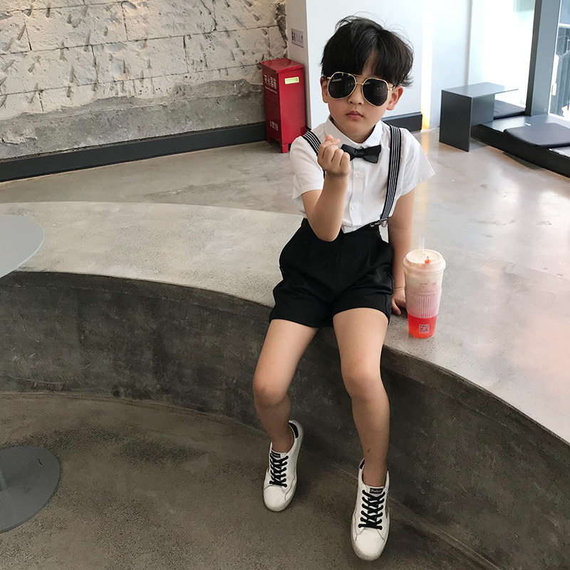 儿童生日主持人男童礼服套装夏季中大童男孩短袖背带裤钢琴演出服
