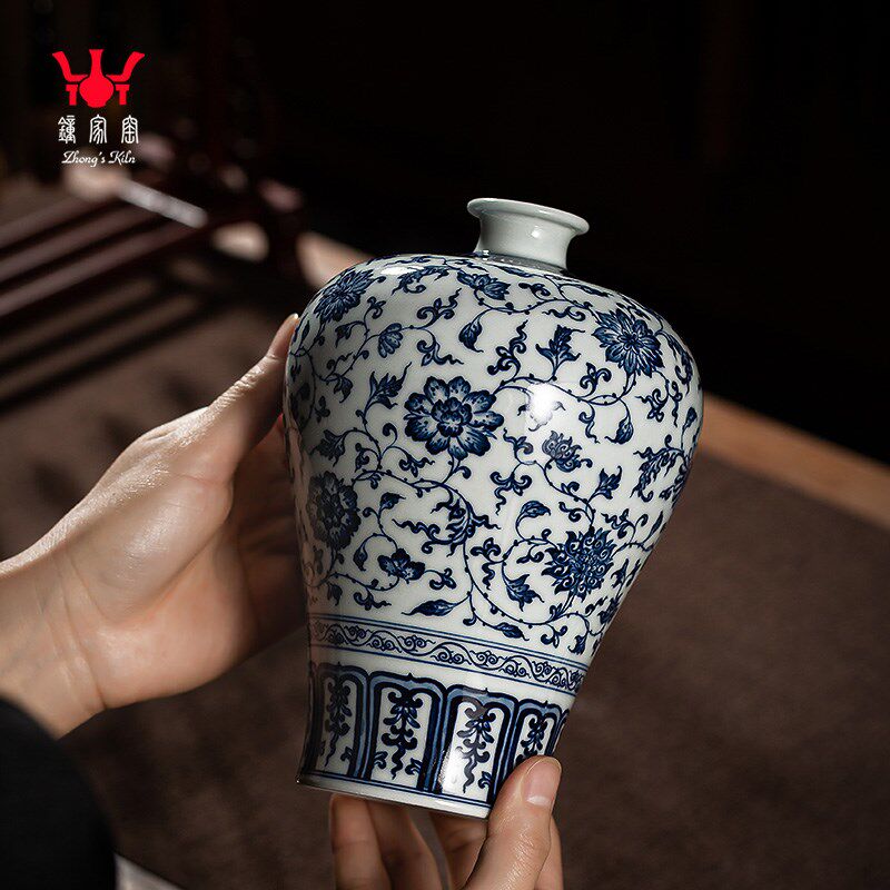 钟家窑陶瓷花瓶景德镇柴窑青花手绘缠枝花纹插花中式桌面台面摆件