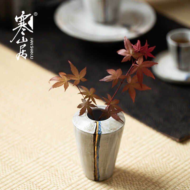 寒山居手绘描金粗陶小号花瓶干花陶瓷鲜花水培花器客厅陶罐插花摆