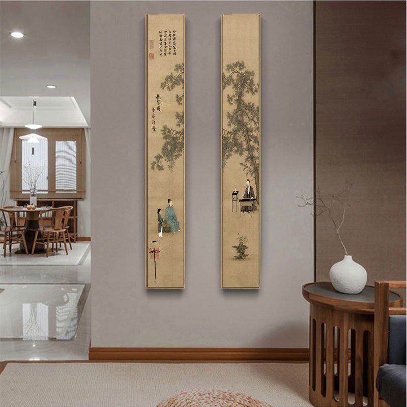 网红听琴图新中式装饰画客厅茶室背景墙壁画书房玄关挂画长条竖版