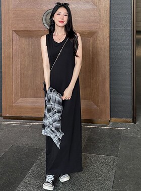 黑色无袖背心连衣裙女高级感吊带裙春秋新款宽松显瘦长裙打底裙夏