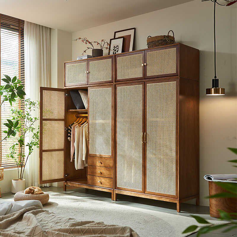 中古风实木藤编衣柜简约两门收纳储物柜小户型家用侘寂风大衣橱柜