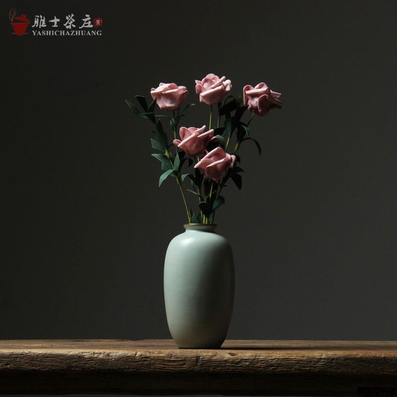 陶瓷花插花器 粗陶汝窑禅意花瓶日式茶道摆件 水培干花插陶艺花器