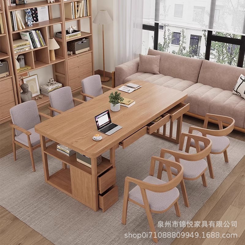 实木带抽屉大书桌客厅家用学习桌工作台简约现代办公桌创意写字桌图片