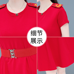 修身 广场舞中老年团体表演水兵舞服 大码 红色连衣裙大摆裙女士短袖
