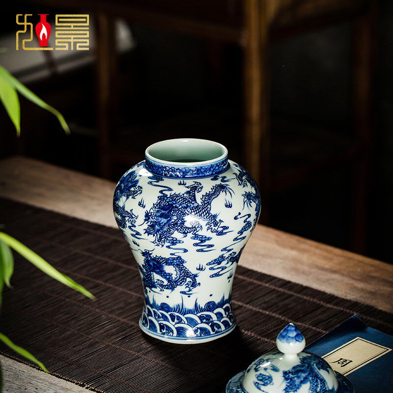 景德镇陶瓷花瓶青花瓷将军罐手绘中式储物罐客厅玄关大号瓷器摆件