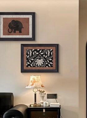 中古风客厅装饰法式复古玄关背景墙挂画小众艺术高级感绿色系大象