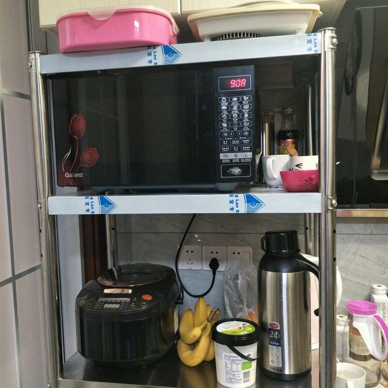 不锈钢厨房置物架三层微波炉架烤箱架收纳整理架落地货架3层锅架