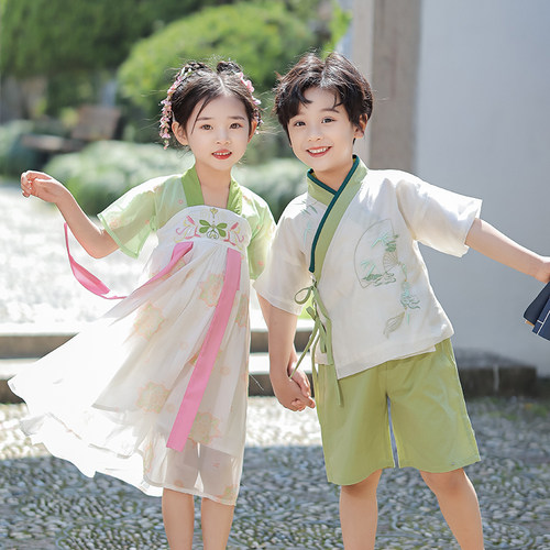 汉服兄妹套装春夏季女童连衣裙中国风宝宝短袖夏装男童唐装演出服
