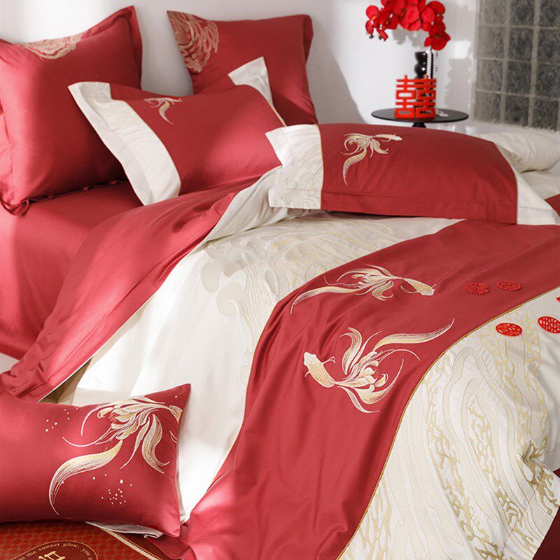 高端婚庆100S长绒棉纯棉四件套轻奢刺绣全棉结婚拼接被套床上用品