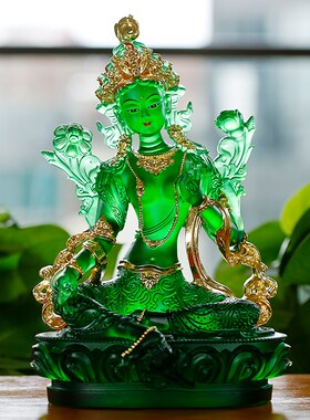 琉璃绿度母佛像彩绘贴金中式新款礼佛家居客厅佛堂多尺寸供具摆件