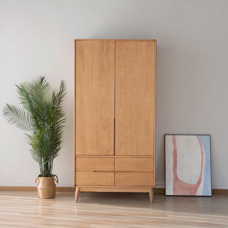 北欧樱桃木实木衣柜白橡木衣橱储物柜对开两门衣帽柜小户型可定制