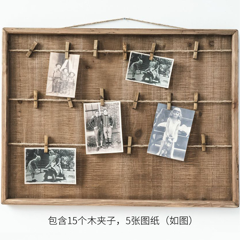 润家家居北欧民宿照片装饰板木质照片板实木板夹展示木板麻绳挂板