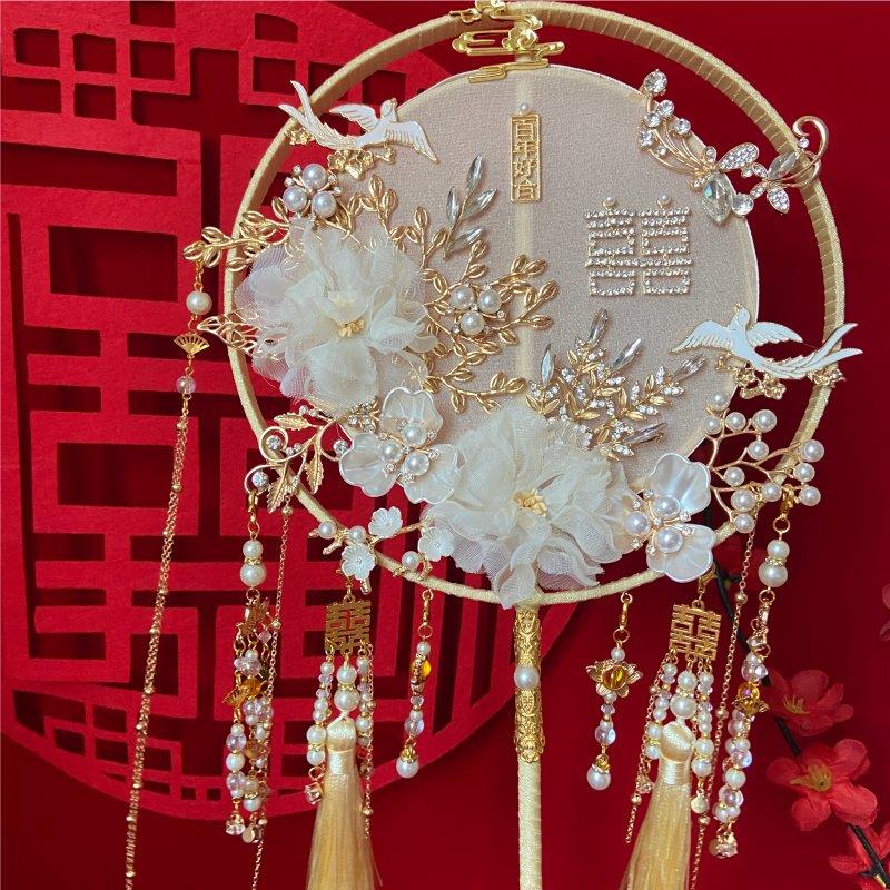结婚团扇中式新娘秀禾金色扇子成品汉服出嫁喜扇材料包婚服仕女扇