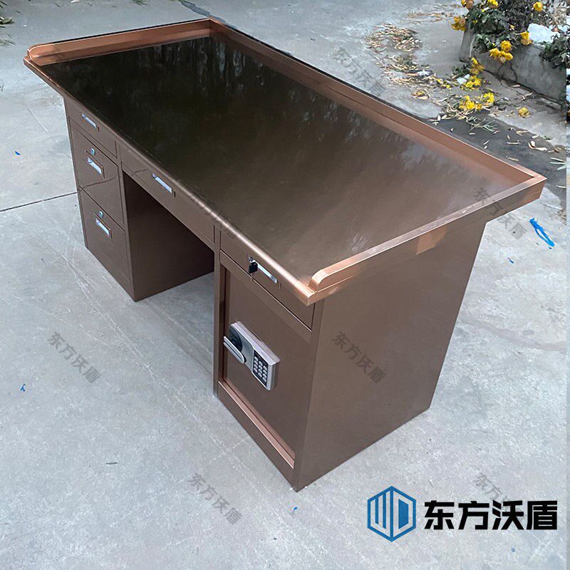 304不锈钢玫瑰金办公桌加厚带围栏带密码锁收银桌无尘车间操作台