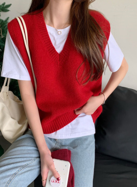 圣诞节大红色无袖毛衣背心针织马甲女秋冬2022新款V领学院风外穿