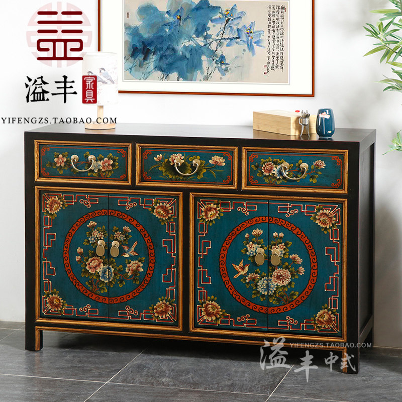 新中式柜子仿古实木入户玄关柜彩绘餐边柜轻奢多功能储物电视斗柜