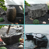 天然黑山石水钵日式 流水摆件花盆喷泉石钵水循环庭院造景室内景观