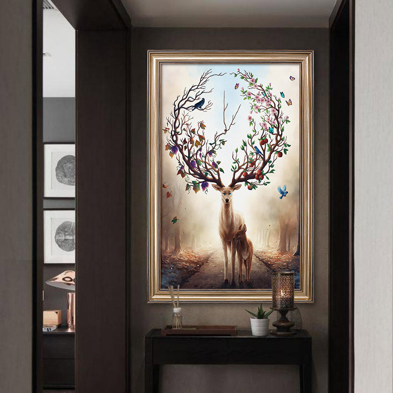 玄关装饰画欧式风格麋鹿小尺寸竖版走廊挂画过道壁画美式客厅油画