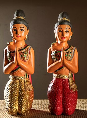 泰国迎宾佛像木雕跪佛玄关柜摆件东南亚酒店会所门厅落地跪佛装饰