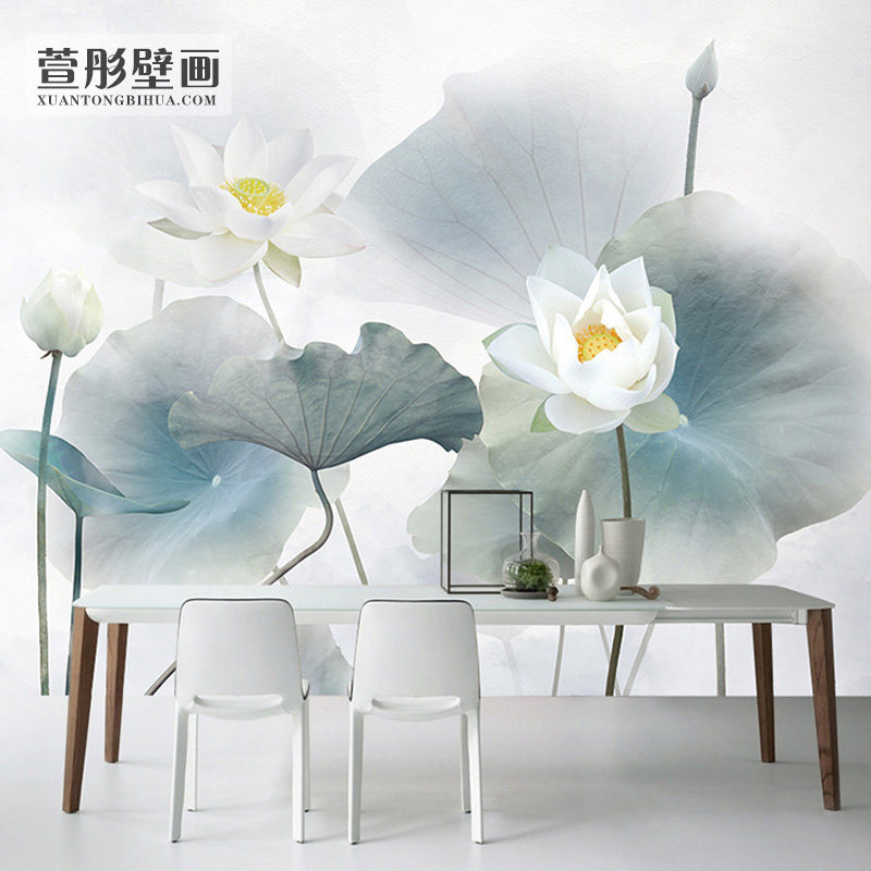 现代新中式手绘荷花电视背景墙布5d客厅沙发背景墙装饰壁纸壁画
