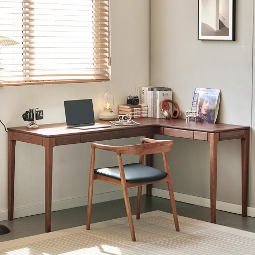 北美黑胡桃木转角书桌北欧L型长条樱桃木实木电脑桌拐角学习桌