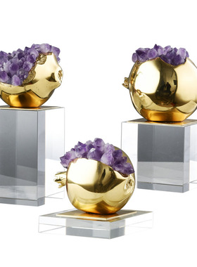 轻奢纯铜结子石榴摆件多子多福紫色水晶石新房装饰品家居铜工艺品