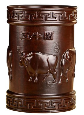 黑檀木雕五牛图笔筒工艺品办公室书桌家居客厅木质笔筒摆件送礼