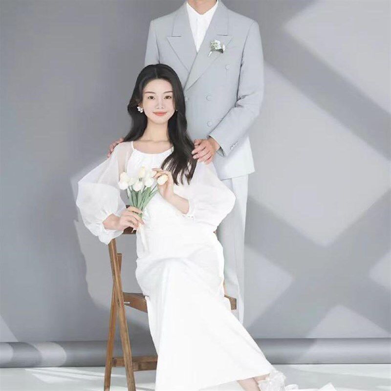 法式白色缎面长袖简约订婚出门迎宾轻婚纱新娘结婚敬酒晚宴礼服裙