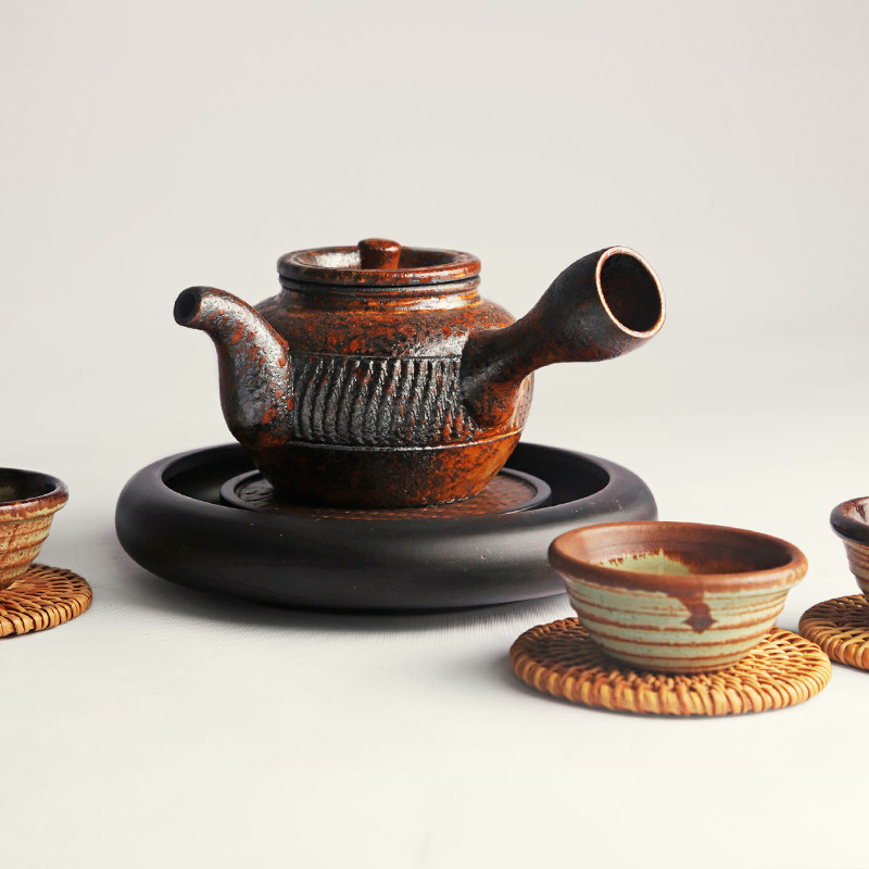 日式小茶盘实木壶托紫砂壶 仿古重竹席面壶承 功夫茶具圆形干泡盘