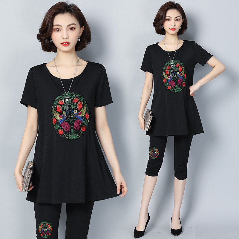 妈妈夏装遮肚显瘦套装2022新款大码女装胖mm洋气上衣裤子两件套女