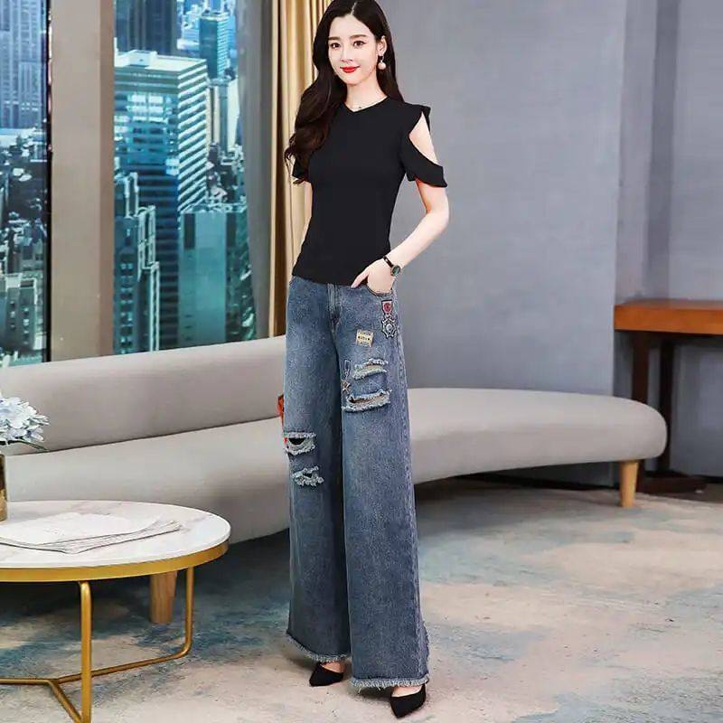 阔休闲筒裤腿牛仔裤女2022秋冬新款时尚高腰直筒宽松显瘦大脚裤