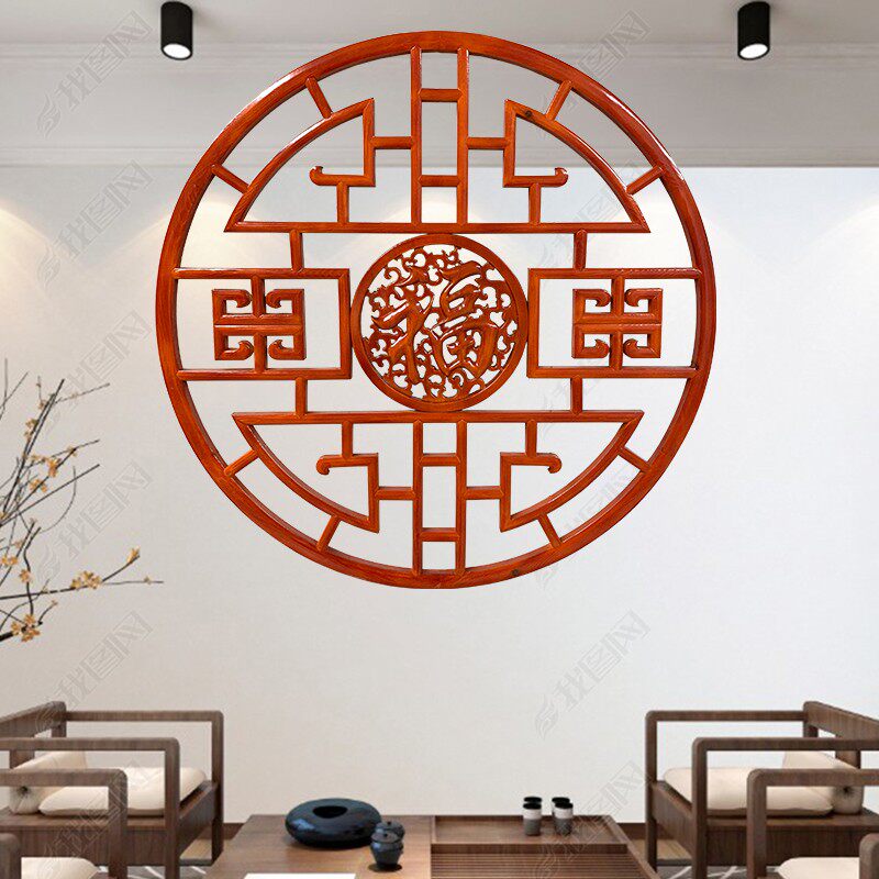 东阳木雕挂件八角圆福花窗中式花格仿古门窗实木榫卯镂空背景吊顶