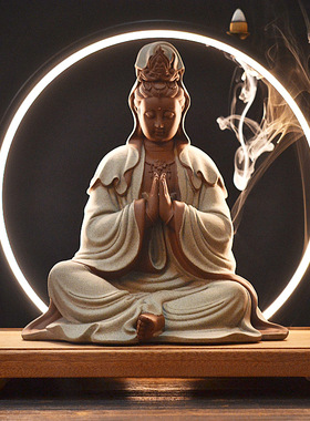 陶瓷佛像合掌观音观世音菩萨家居客厅禅意玄关灯圈木底座工艺摆件