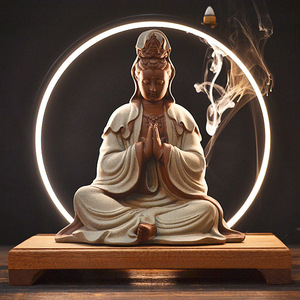 陶瓷佛像合掌观音观世音菩萨家居客厅禅意玄关灯圈木底座工艺摆件